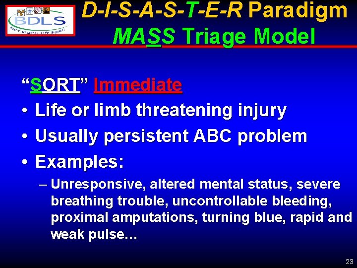 D-I-S-A-S-T-E-R Paradigm MASS Triage Model “SORT” Immediate • Life or limb threatening injury •