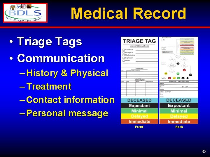Medical Record • Triage Tags • Communication – History & Physical – Treatment –