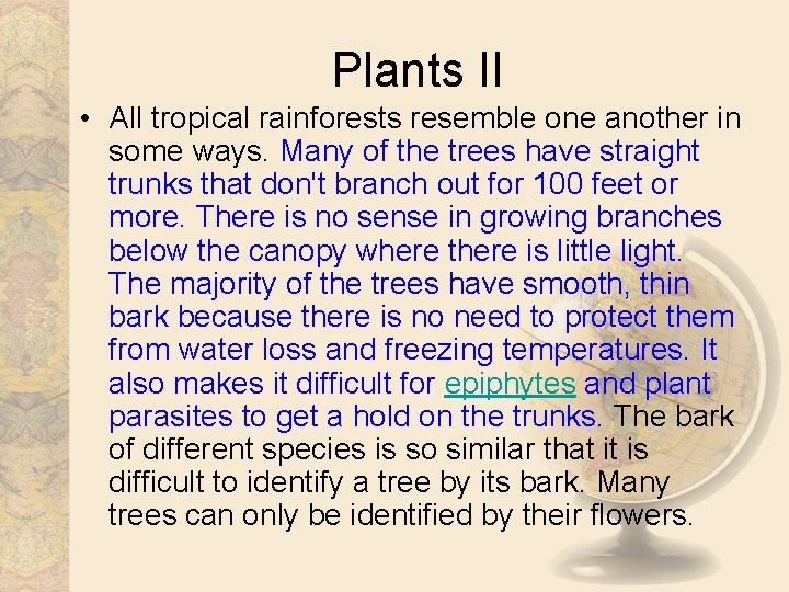 Plants II • All tropical rainforests resemble one another in some ways. Many of