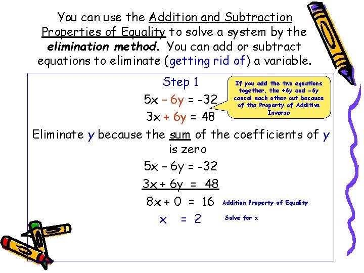 You can use the Addition and Subtraction Properties of Equality to solve a system You can use the Addition and Subtraction Properties of Equality to solve a system