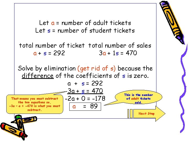 Let a = number of adult tickets Let s = number of student tickets Let a = number of adult tickets Let s = number of student tickets