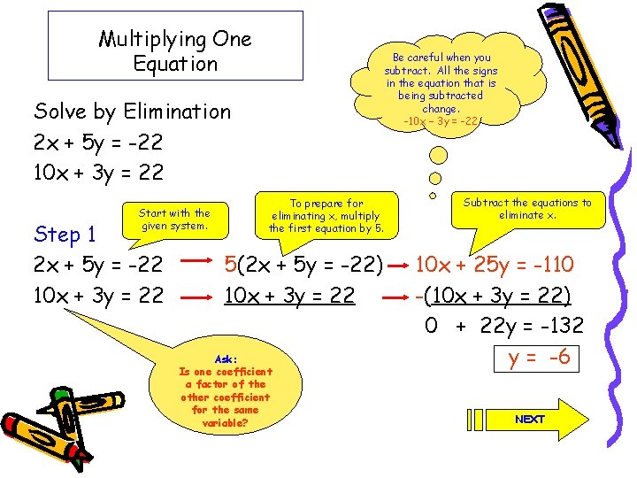 Multiplying One Equation Be careful when you subtract. All the signs in the equation Multiplying One Equation Be careful when you subtract. All the signs in the equation