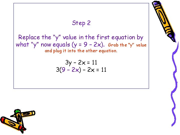 Step 2 Replace the “y” value in the first equation by what “y” now Step 2 Replace the “y” value in the first equation by what “y” now