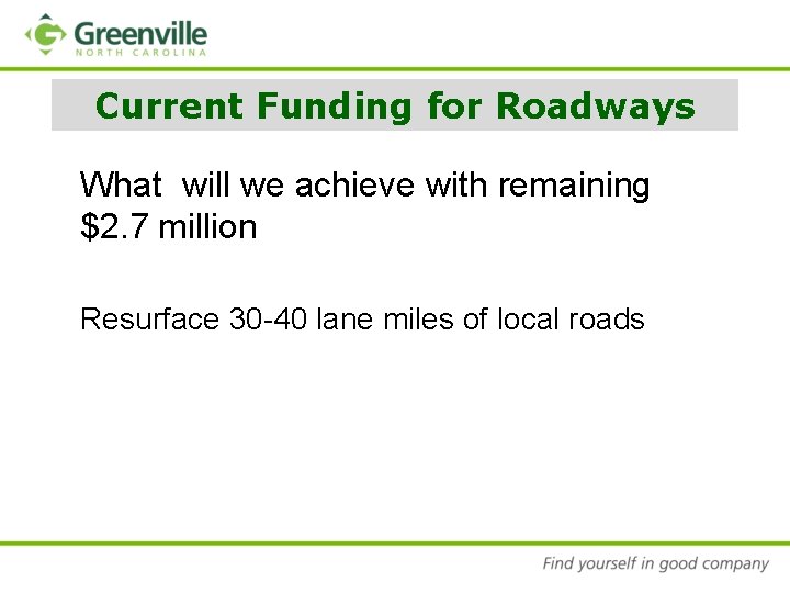 Current Funding for Roadways What will we achieve with remaining $2. 7 million Resurface