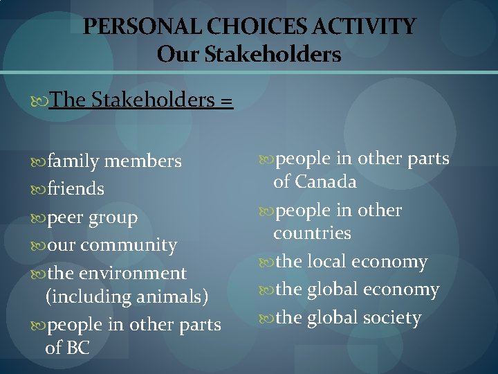 PERSONAL CHOICES ACTIVITY Our Stakeholders The Stakeholders = family members friends peer group our