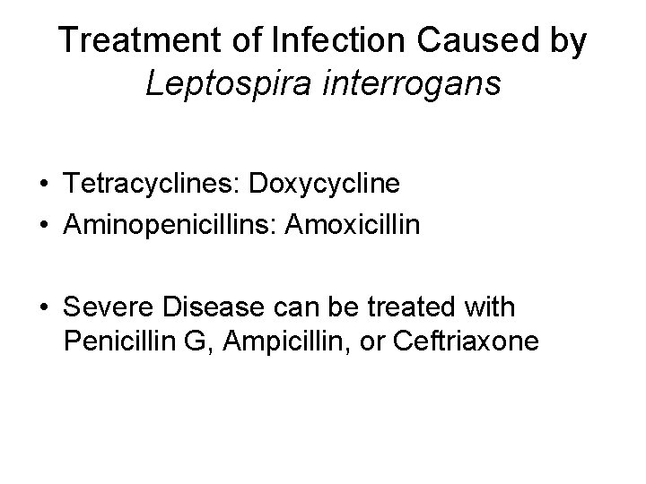 Treatment of Infection Caused by Leptospira interrogans • Tetracyclines: Doxycycline • Aminopenicillins: Amoxicillin •
