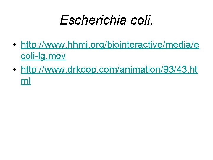 Escherichia coli. • http: //www. hhmi. org/biointeractive/media/e coli-lg. mov • http: //www. drkoop. com/animation/93/43.