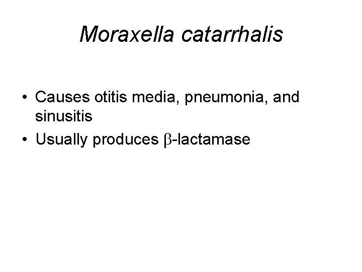 Moraxella catarrhalis • Causes otitis media, pneumonia, and sinusitis • Usually produces b-lactamase 