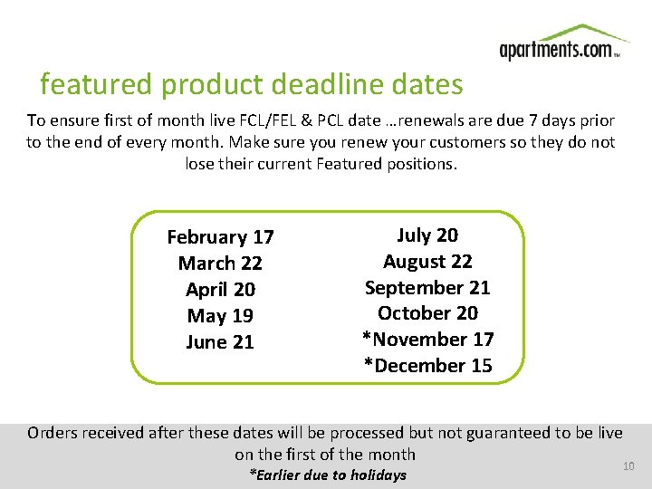  featured product deadline dates To ensure first of month live FCL/FEL & PCL