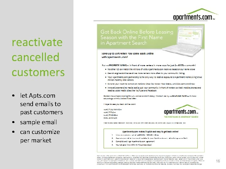 reactivate cancelled customers • let Apts. com send emails to past customers • sample