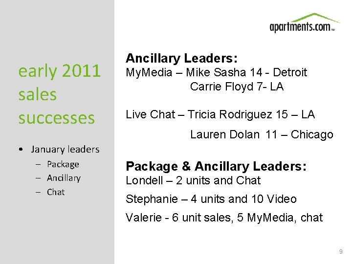 early 2011 sales successes Ancillary Leaders: My. Media – Mike Sasha 14 - Detroit