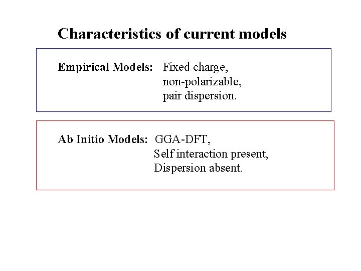 Characteristics of current models Empirical Models: Fixed charge, non-polarizable, pair dispersion. Ab Initio Models:
