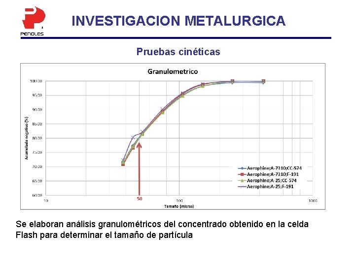 INVESTIGACION METALURGICA Pruebas cinéticas Se elaboran análisis granulométricos del concentrado obtenido en la celda