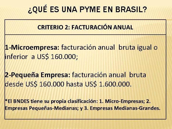 ¿QUÉ ES UNA PYME EN BRASIL? CRITERIO 2: FACTURACIÓN ANUAL 1 -Microempresa: facturación anual