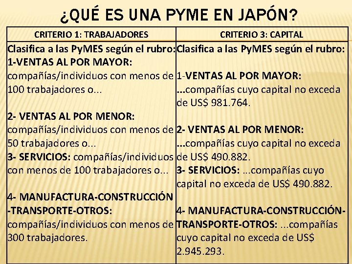 ¿QUÉ ES UNA PYME EN JAPÓN? CRITERIO 1: TRABAJADORES CRITERIO 3: CAPITAL Clasifica a