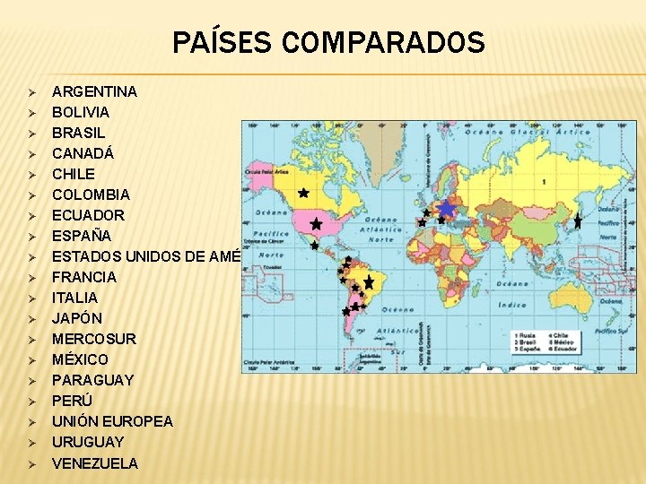 PAÍSES COMPARADOS Ø Ø Ø Ø Ø ARGENTINA BOLIVIA BRASIL CANADÁ CHILE COLOMBIA ECUADOR