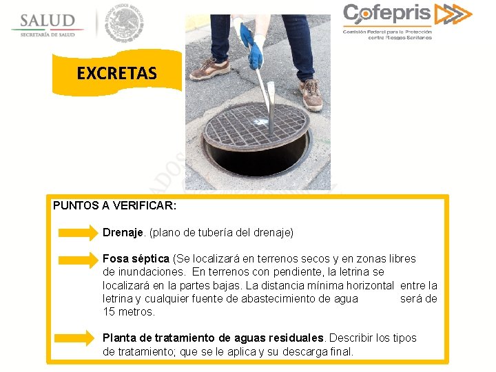 EXCRETAS PUNTOS A VERIFICAR: Drenaje. (plano de tubería del drenaje) Fosa séptica (Se localizará