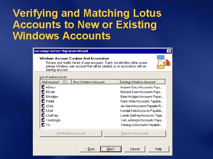 Verifying and Matching Lotus Accounts to New or Existing Windows Accounts 