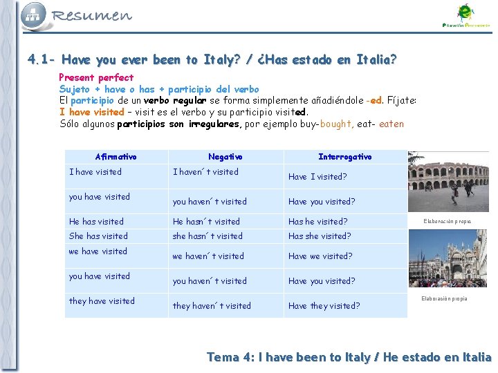 4. 1 - Have you ever been to Italy? / ¿Has estado en Italia?