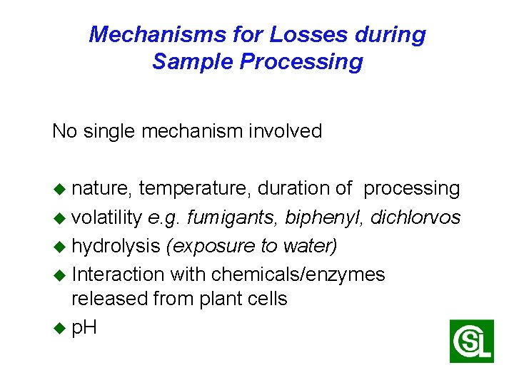 Mechanisms for Losses during Sample Processing No single mechanism involved u nature, temperature, duration