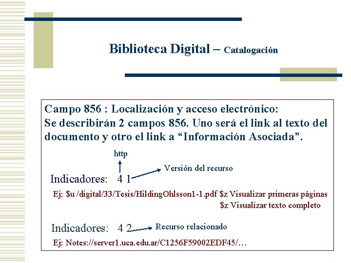 Biblioteca Digital – Catalogación Campo 856 : Localización y acceso electrónico: Se describirán 2