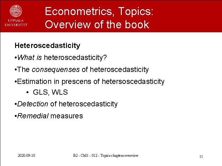Econometrics, Topics: Overview of the book Heteroscedasticity • What is heteroscedasticity? • The consequenses