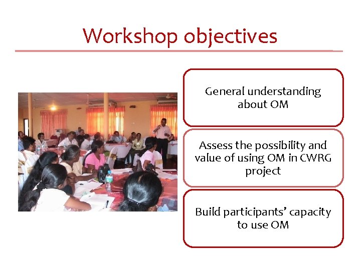 Workshop objectives General understanding about OM Assess the possibility and value of using OM