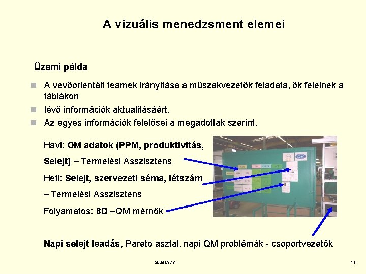 A vizuális menedzsment elemei Üzemi példa n A vevőorientált teamek irányítása a műszakvezetők feladata,