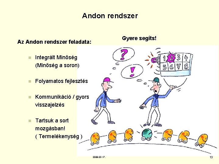 Andon rendszer Gyere segíts! Az Andon rendszer feladata: n Integrált Minőség (Minőség a soron)