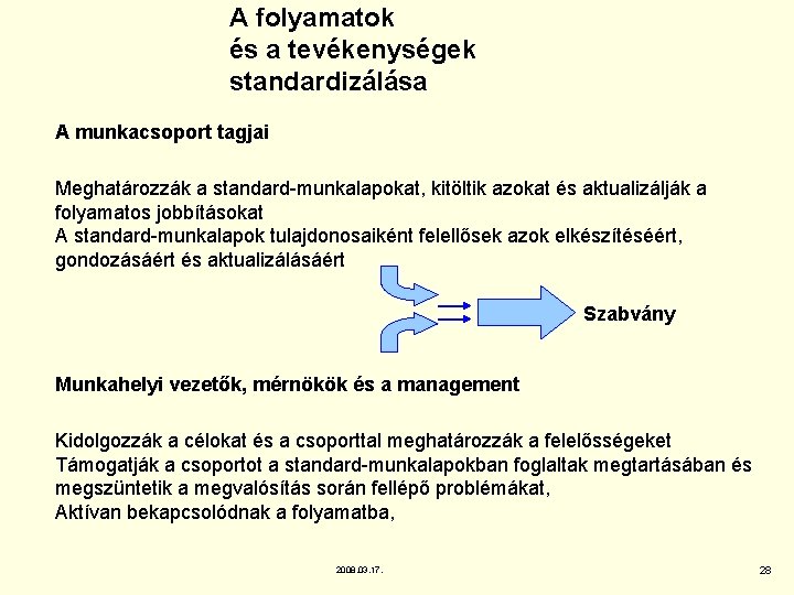 A folyamatok és a tevékenységek standardizálása A munkacsoport tagjai Meghatározzák a standard-munkalapokat, kitöltik azokat A folyamatok és a tevékenységek standardizálása A munkacsoport tagjai Meghatározzák a standard-munkalapokat, kitöltik azokat