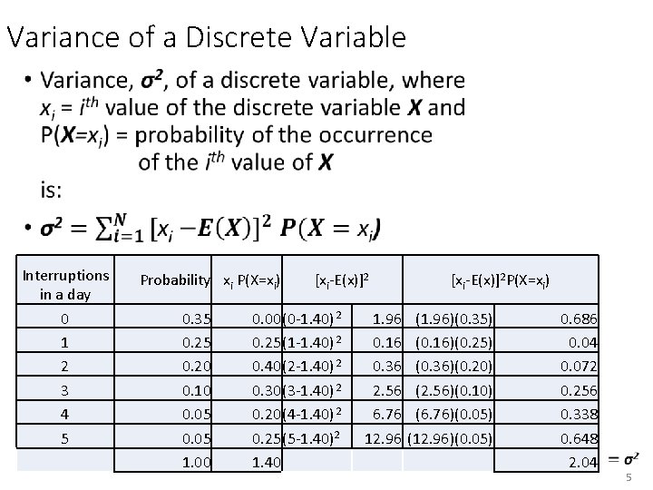 Variance of a Discrete Variable • Interruptions in a day 0 1 2 3