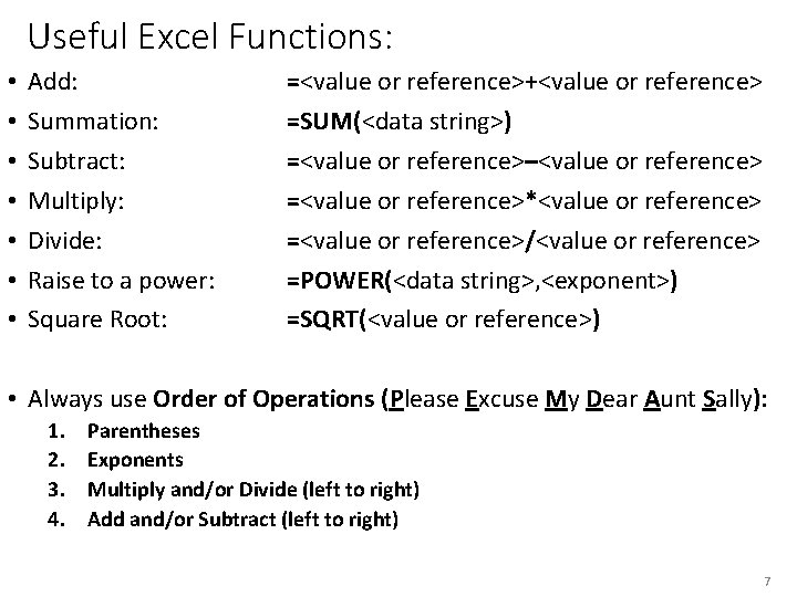 Useful Excel Functions: • • Add: Summation: Subtract: Multiply: Divide: Raise to a power: