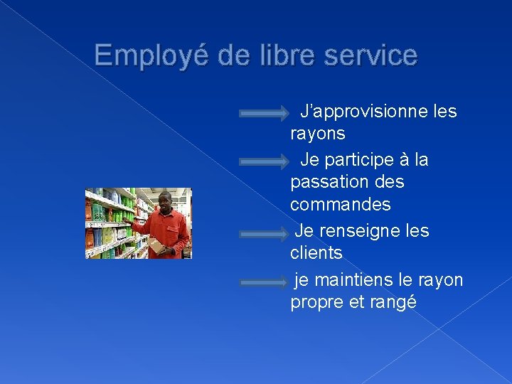 Employé de libre service J’approvisionne les rayons Je participe à la passation des commandes