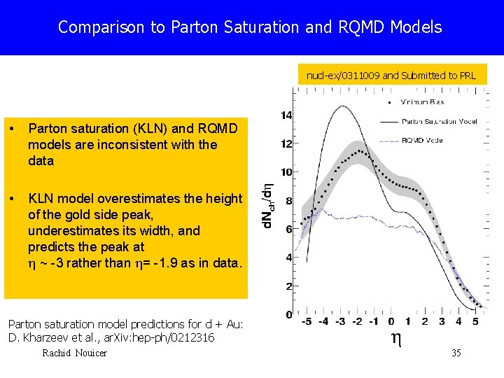 Comparison to Parton Saturation and RQMD Models nucl-ex/0311009 and Submitted to PRL • Parton