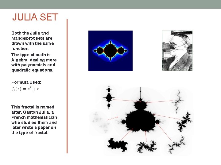 JULIA SET Both the Julia and Mandelbrot sets are drawn with the same function. JULIA SET Both the Julia and Mandelbrot sets are drawn with the same function.