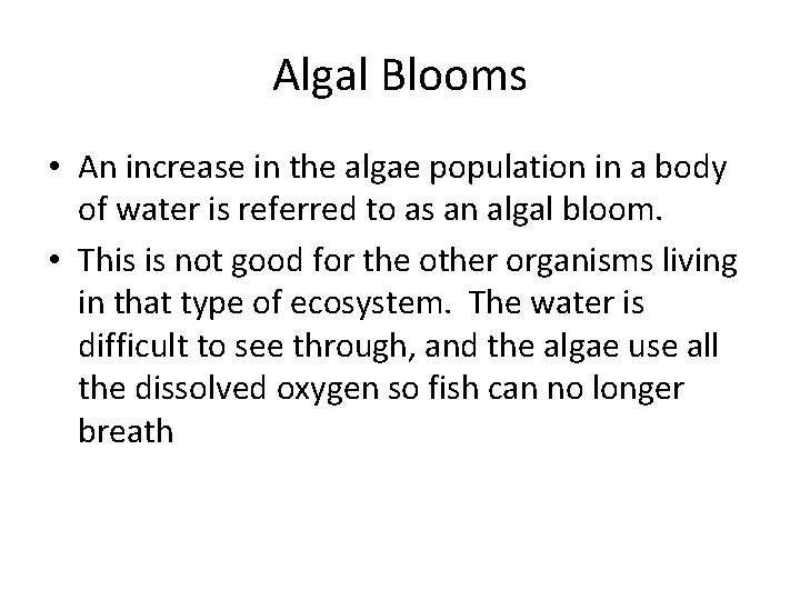 Algal Blooms • An increase in the algae population in a body of water