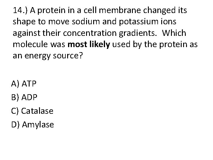 14. ) A protein in a cell membrane changed its shape to move sodium