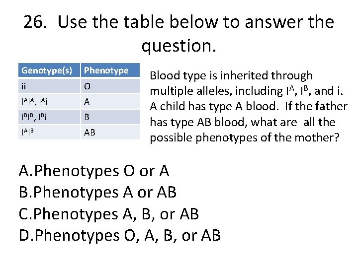 26. Use the table below to answer the question. Genotype(s) Phenotype ii O IAIA,