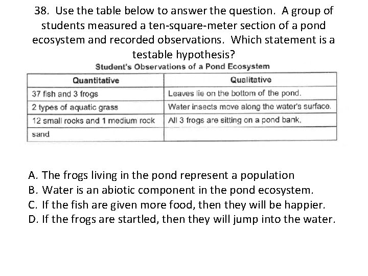 38. Use the table below to answer the question. A group of students measured