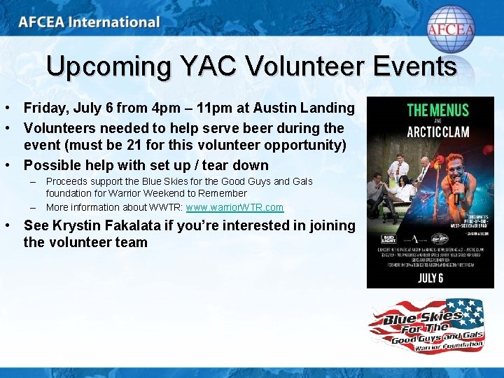 Upcoming YAC Volunteer Events • Friday, July 6 from 4 pm – 11 pm