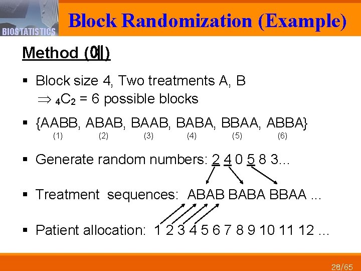 BIOSTATISTICS Block Randomization (Example) Method (예) § Block size 4, Two treatments A, B
