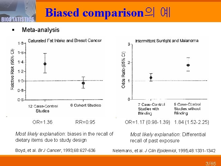BIOSTATISTICS Biased comparison의 예 § Meta-analysis OR=1. 36 RR=0. 95 OR=1. 17 (0. 98