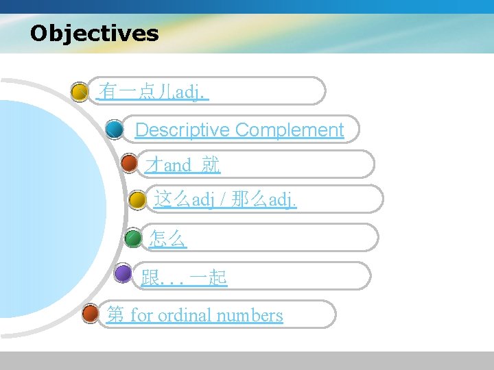 Objectives 有一点儿adj. Descriptive Complement 才and 就 这么adj / 那么adj. 怎么 跟. . . 一起 Objectives 有一点儿adj. Descriptive Complement 才and 就 这么adj / 那么adj. 怎么 跟. . . 一起