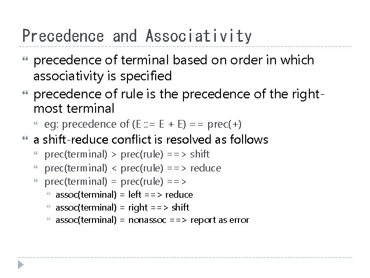 Precedence and Associativity precedence of terminal based on order in which associativity is specified