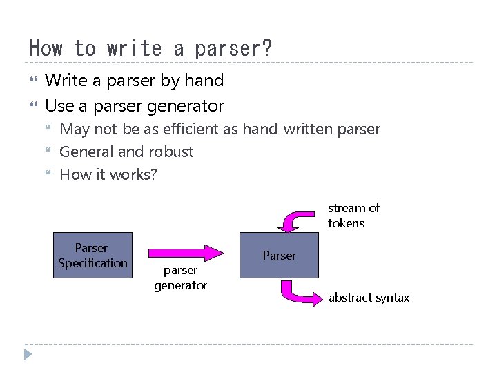 How to write a parser? Write a parser by hand Use a parser generator