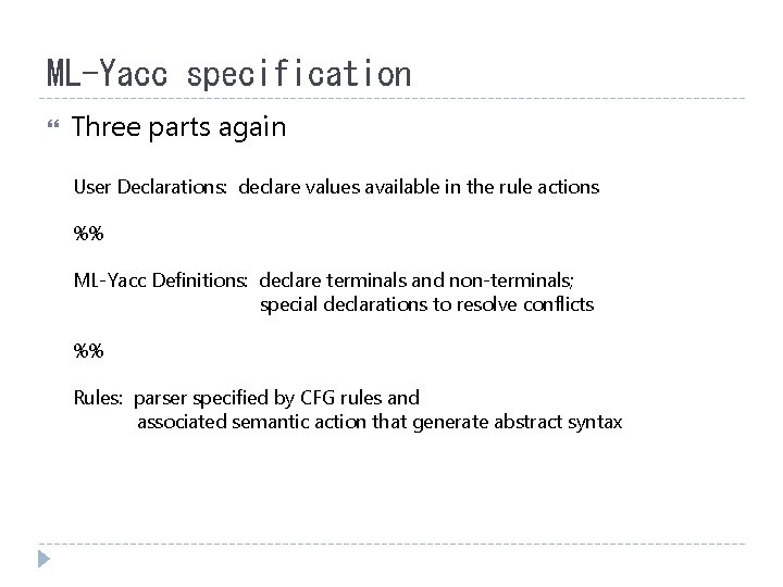 ML-Yacc specification Three parts again User Declarations: declare values available in the rule actions