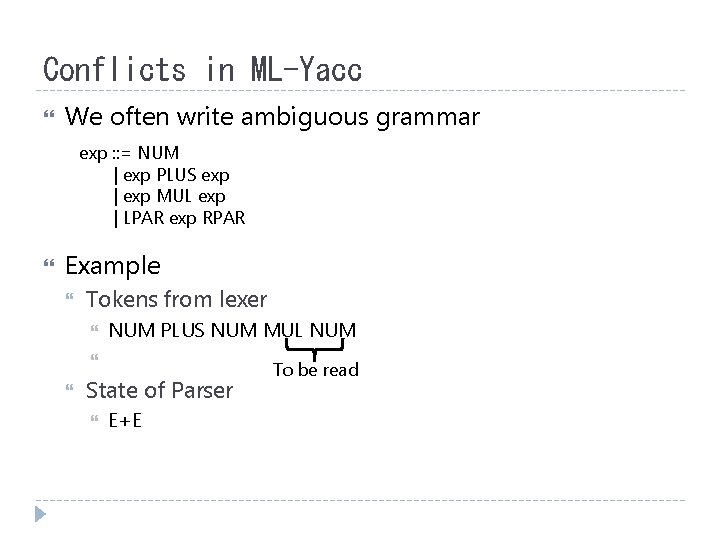 Conflicts in ML-Yacc We often write ambiguous grammar exp : : = NUM |