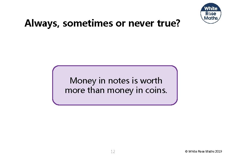 Always, sometimes or never true? Money in notes is worth more than money in