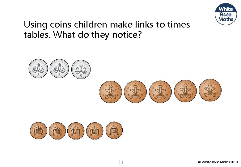 Using coins children make links to times tables. What do they notice? 13 ©