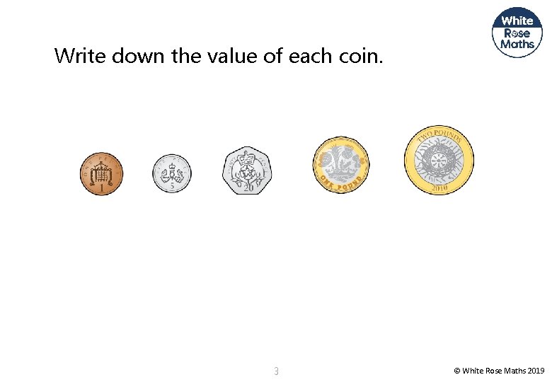 Write down the value of each coin. 3 © White Rose Maths 2019 